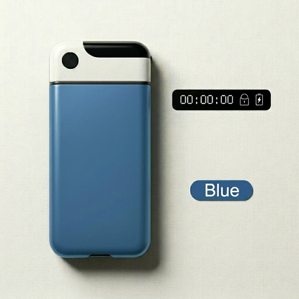 Blue phone case with a timer display on a light gray background
