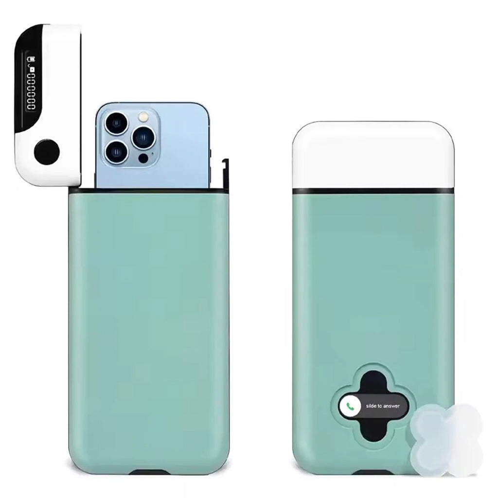 Mint green phone case with white top and bottom on a white background