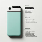 Mint green electronic device with buttons and screen on a white background